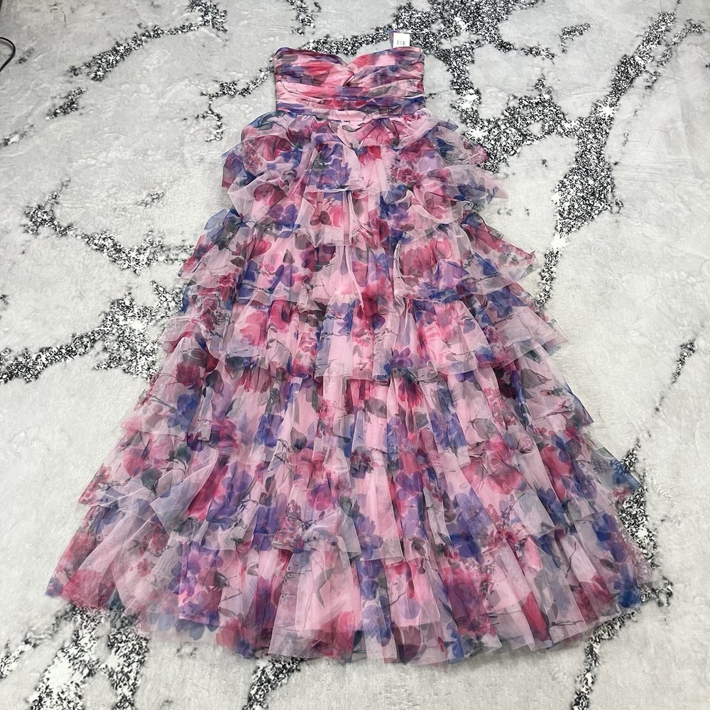BCX Strapless Floral Tiered Ruffle Tulle Maxi Dress Pink Formal Prom Gown 7